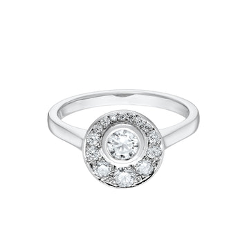 round diamond with tapered diamond halo engagement ring