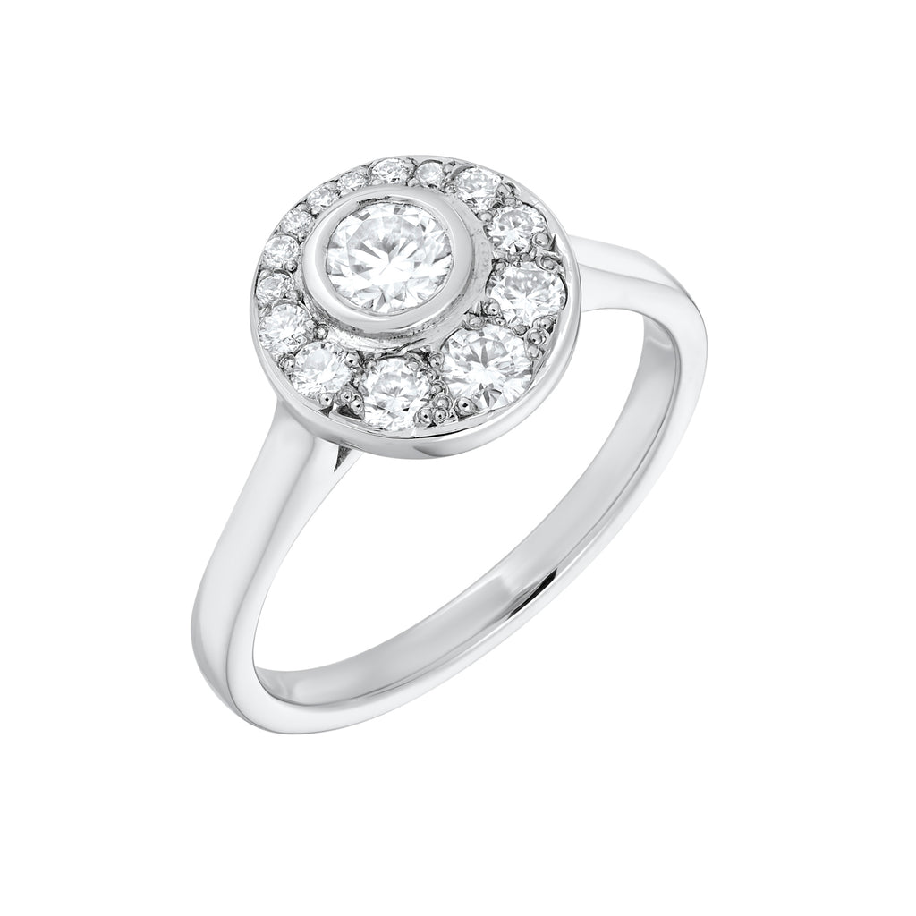 Side profile round diamond halo engagement ring